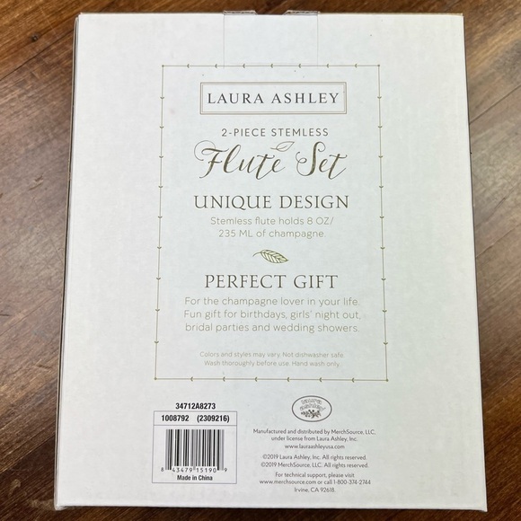 Laura Ashley 2 Piece Stemless Flute Set ~ 8 oz "Cheers""Toast" Champagne New NIB - Picture 2 of 5